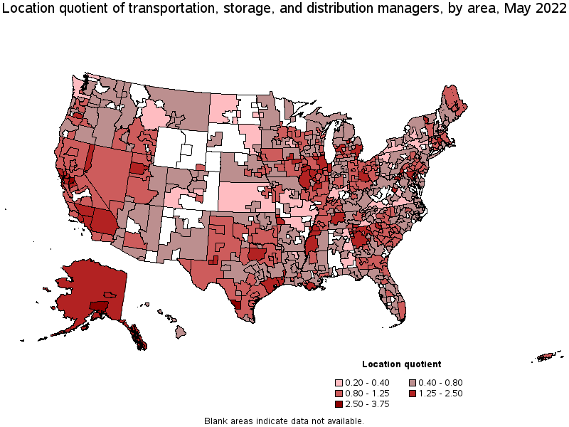 Map of location quotient of transportation, storage, and distribution managers by area, May 2022