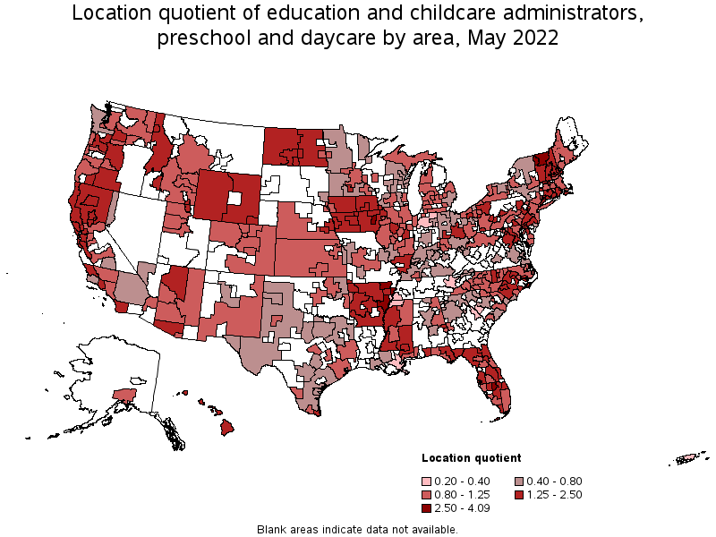 Map of location quotient of education and childcare administrators, preschool and daycare by area, May 2022