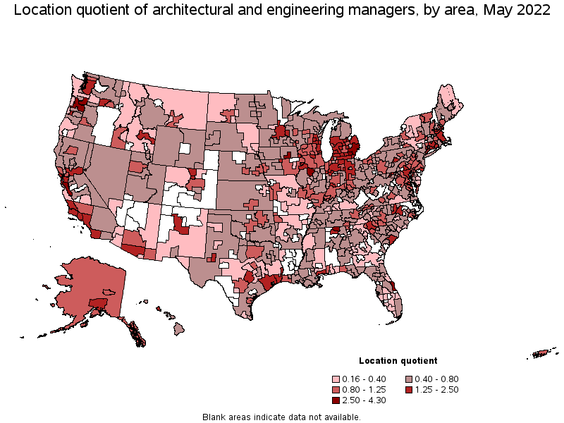 Map of location quotient of architectural and engineering managers by area, May 2022