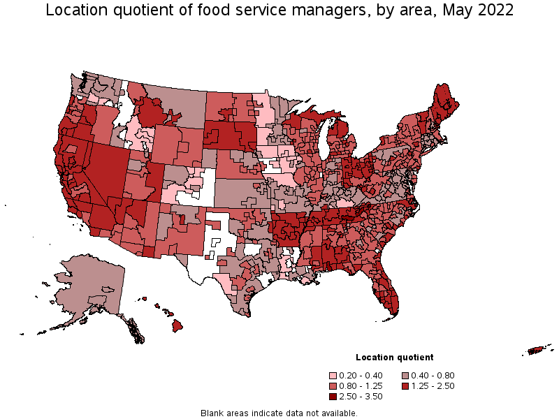 Map of location quotient of food service managers by area, May 2022