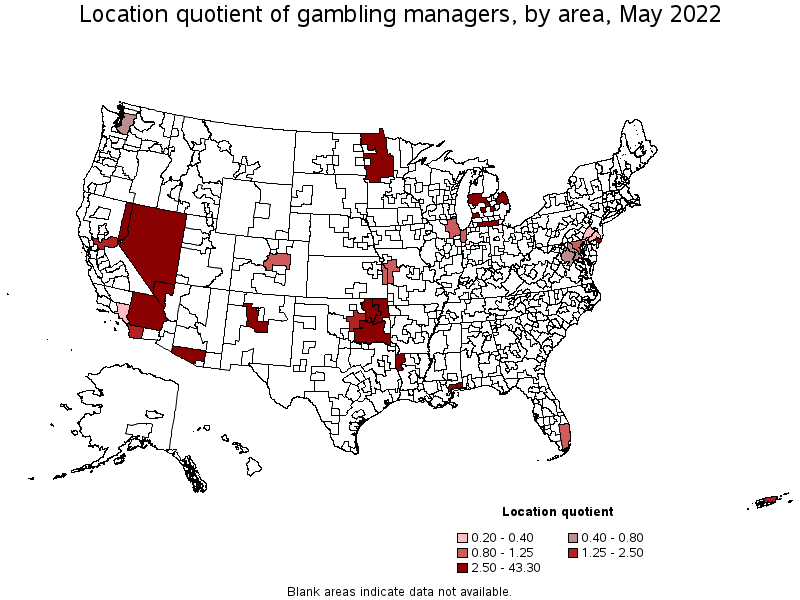 Map of location quotient of gambling managers by area, May 2022