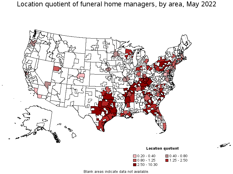 Map of location quotient of funeral home managers by area, May 2022