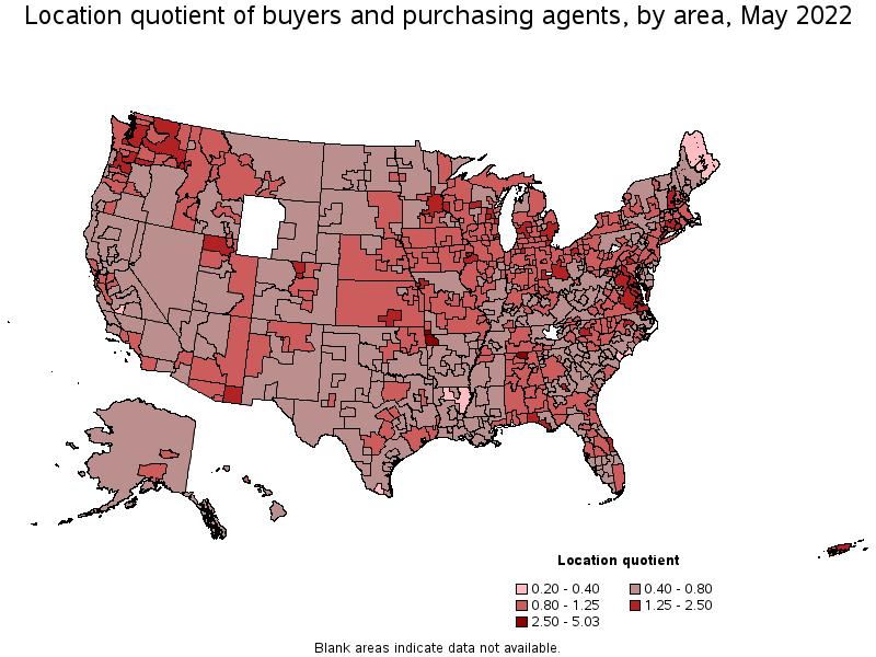 Map of location quotient of buyers and purchasing agents by area, May 2022