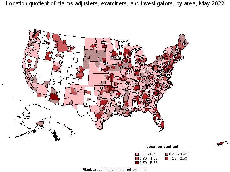Map of location quotient of claims adjusters, examiners, and investigators by area, May 2022