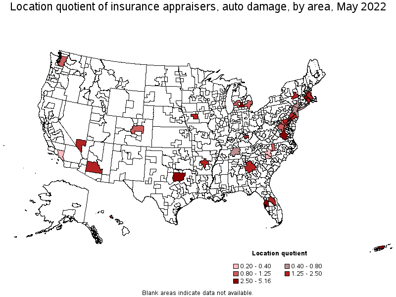 Map of location quotient of insurance appraisers, auto damage by area, May 2022