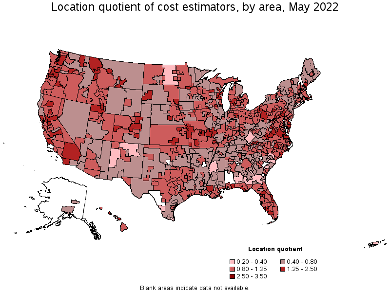 Map of location quotient of cost estimators by area, May 2022