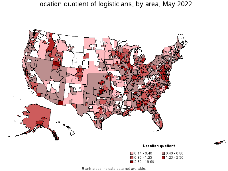 Map of location quotient of logisticians by area, May 2022