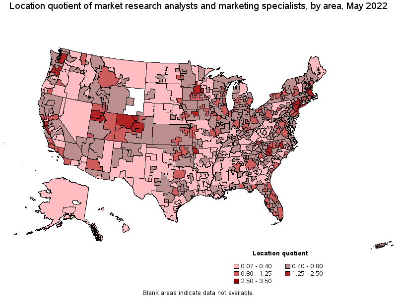 Map of location quotient of market research analysts and marketing specialists by area, May 2022