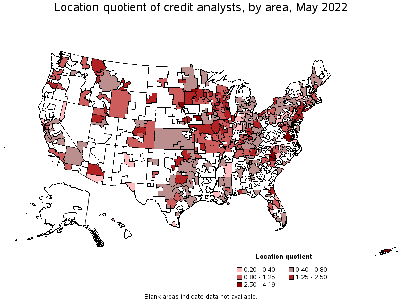 Map of location quotient of credit analysts by area, May 2022