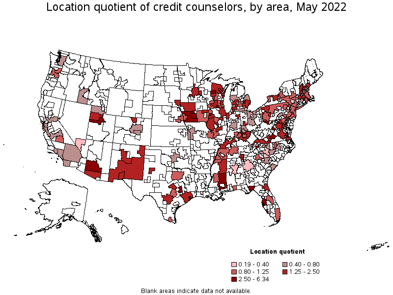 Map of location quotient of credit counselors by area, May 2022