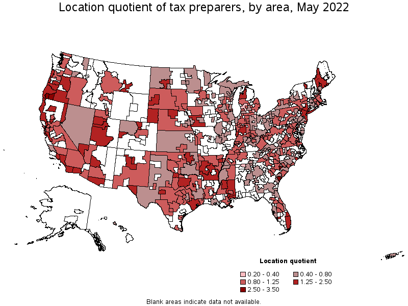 Map of location quotient of tax preparers by area, May 2022