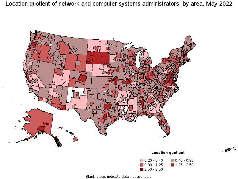 Map of location quotient of network and computer systems administrators by area, May 2022