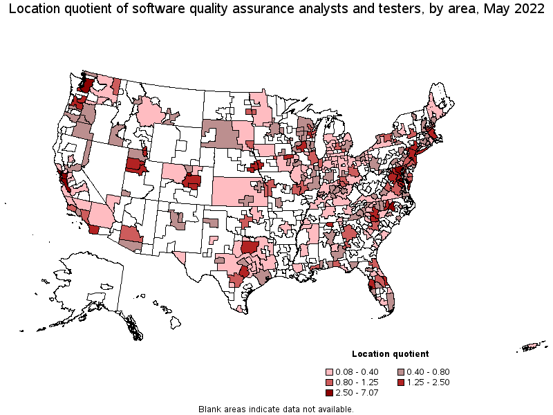 Map of location quotient of software quality assurance analysts and testers by area, May 2022