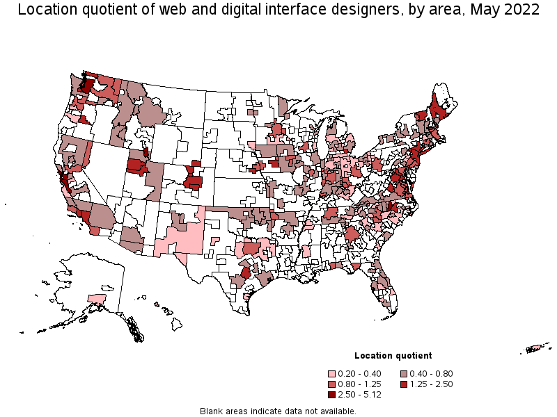 Map of location quotient of web and digital interface designers by area, May 2022