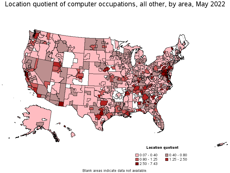 Map of location quotient of computer occupations, all other by area, May 2022