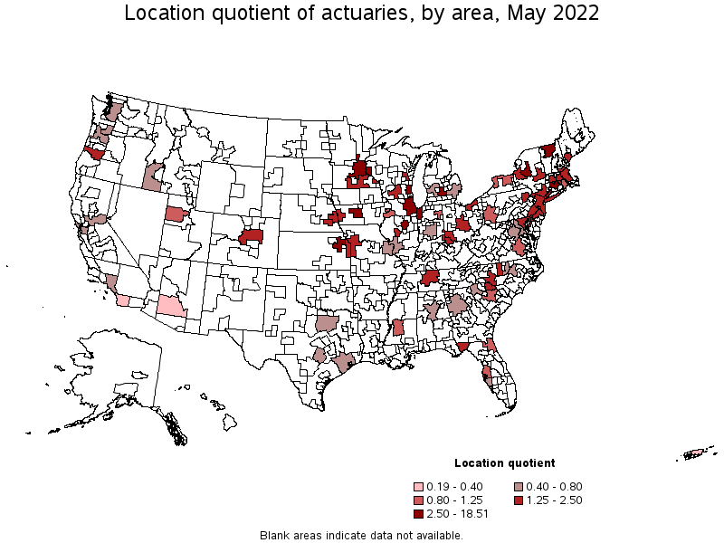 Map of location quotient of actuaries by area, May 2022