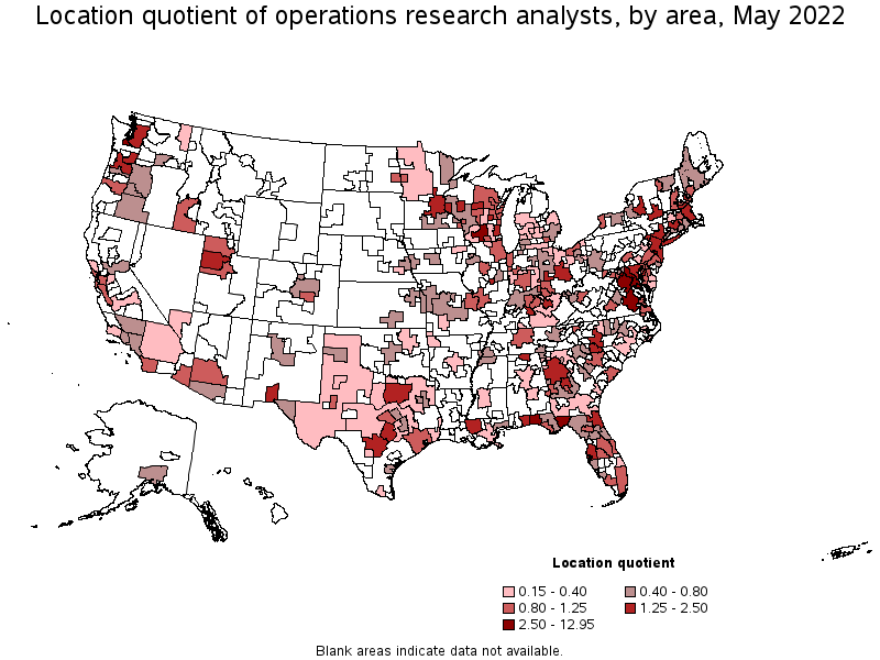 Map of location quotient of operations research analysts by area, May 2022
