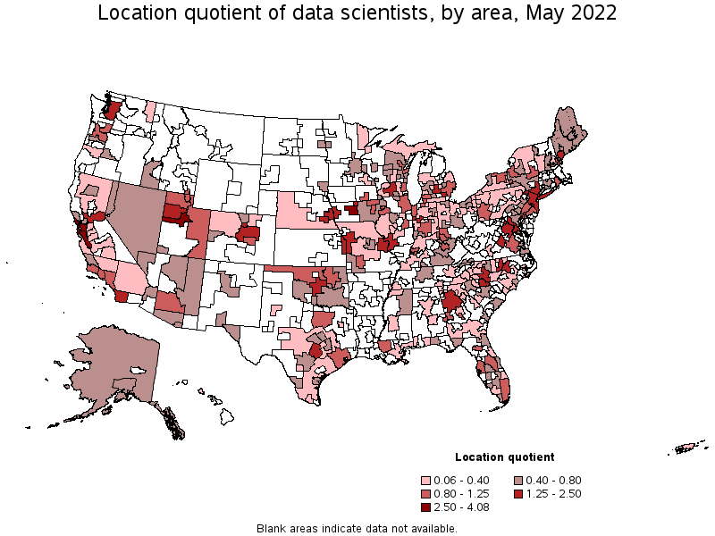 Map of location quotient of data scientists by area, May 2022
