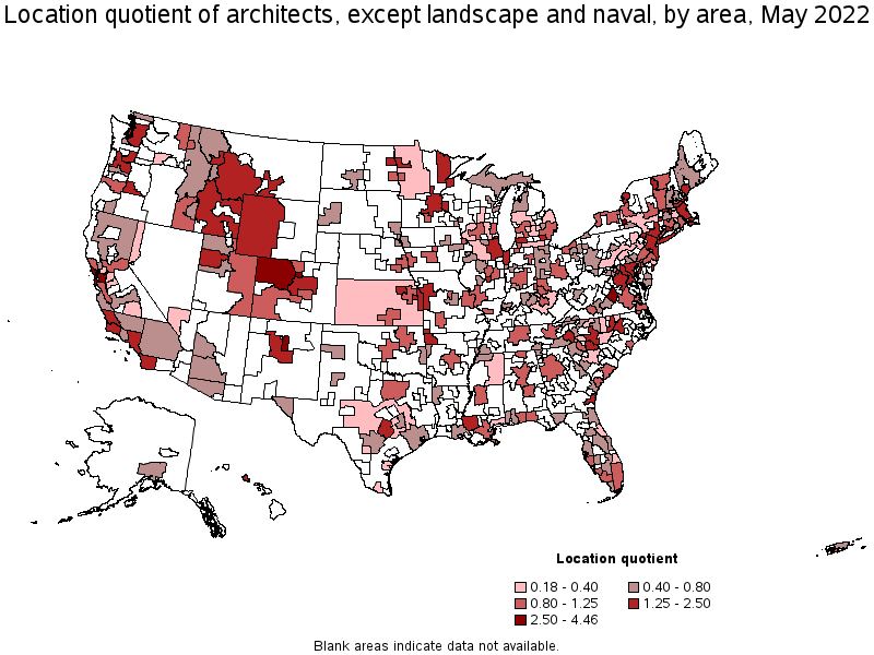 Map of location quotient of architects, except landscape and naval by area, May 2022