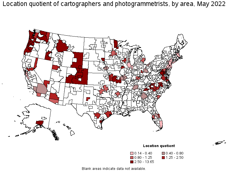 Map of location quotient of cartographers and photogrammetrists by area, May 2022