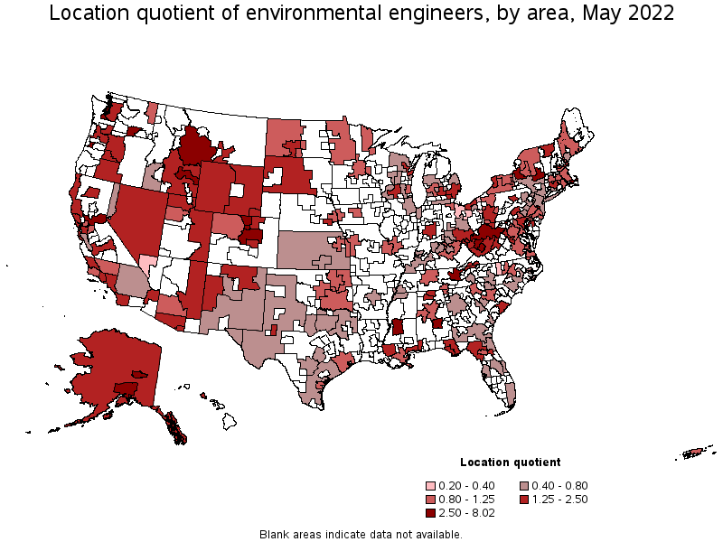 Map of location quotient of environmental engineers by area, May 2022