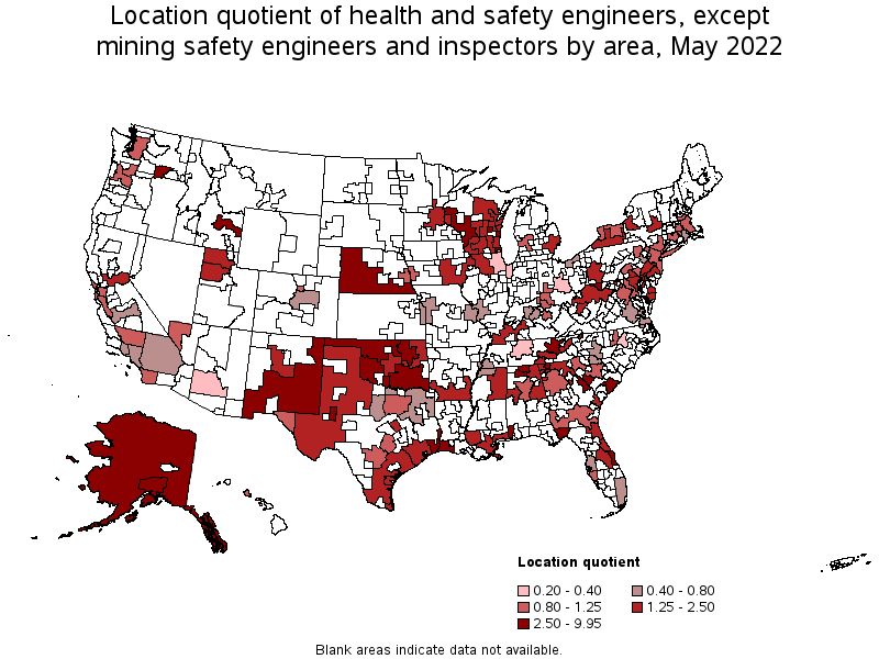 Map of location quotient of health and safety engineers, except mining safety engineers and inspectors by area, May 2022