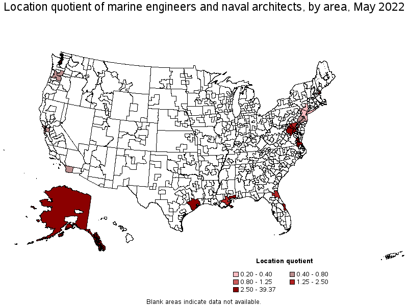 Map of location quotient of marine engineers and naval architects by area, May 2022