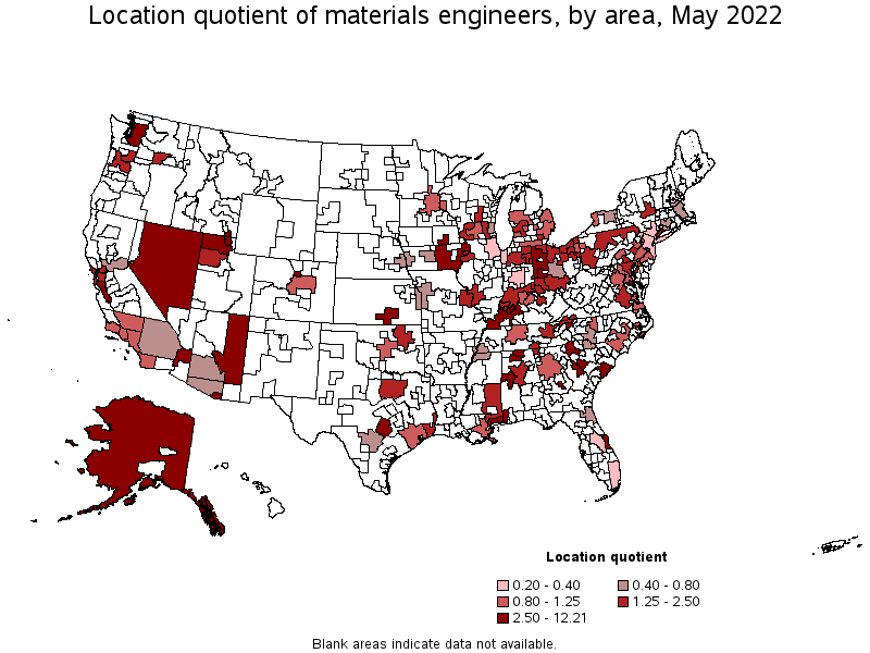 Map of location quotient of materials engineers by area, May 2022