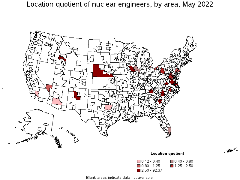 Map of location quotient of nuclear engineers by area, May 2022