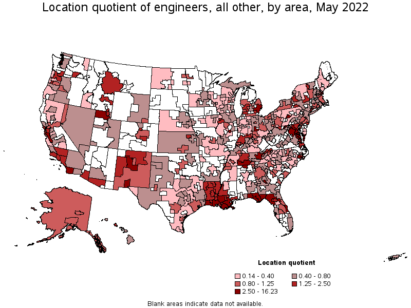 Map of location quotient of engineers, all other by area, May 2022