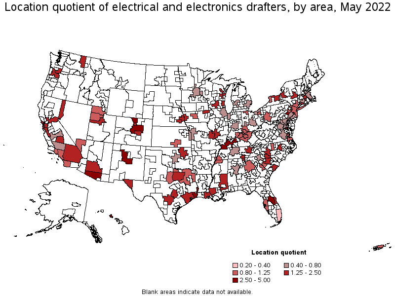 Map of location quotient of electrical and electronics drafters by area, May 2022