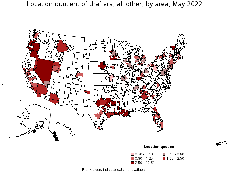 Map of location quotient of drafters, all other by area, May 2022