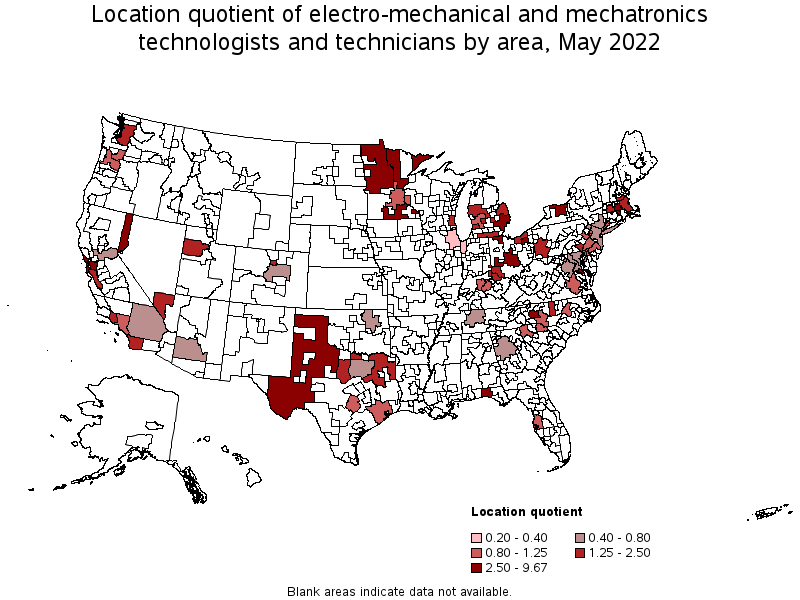 Map of location quotient of electro-mechanical and mechatronics technologists and technicians by area, May 2022