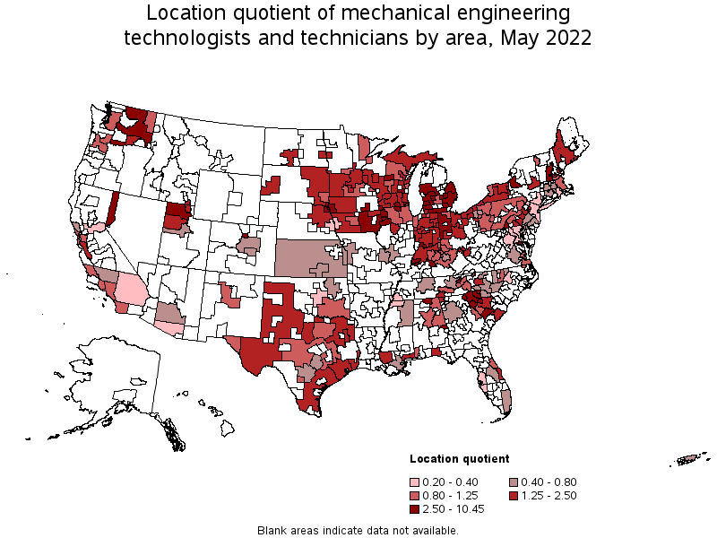 Map of location quotient of mechanical engineering technologists and technicians by area, May 2022