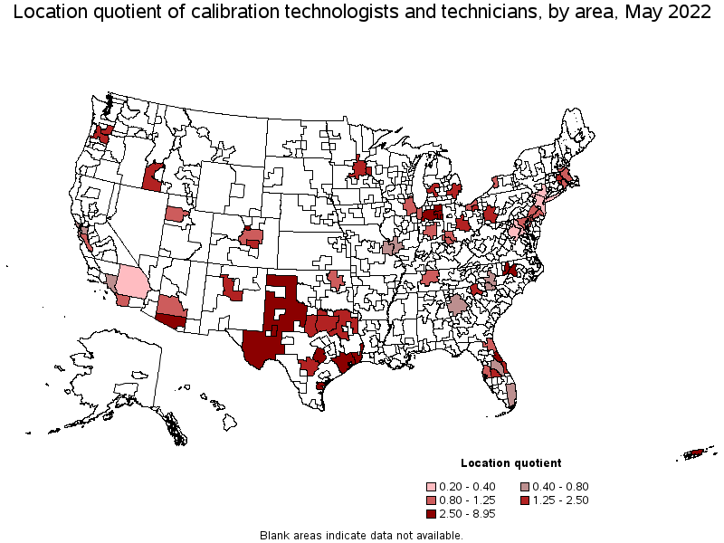 Map of location quotient of calibration technologists and technicians by area, May 2022