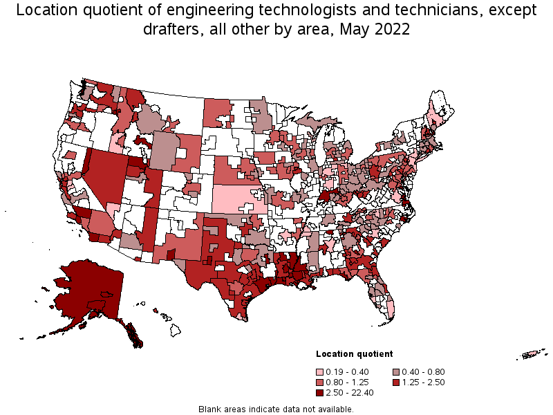 Map of location quotient of engineering technologists and technicians, except drafters, all other by area, May 2022