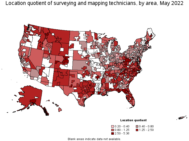 Map of location quotient of surveying and mapping technicians by area, May 2022