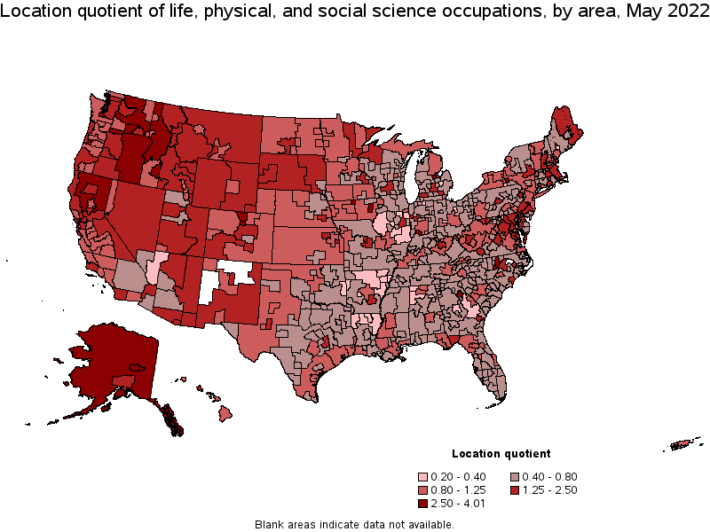 Map of location quotient of life, physical, and social science occupations by area, May 2022