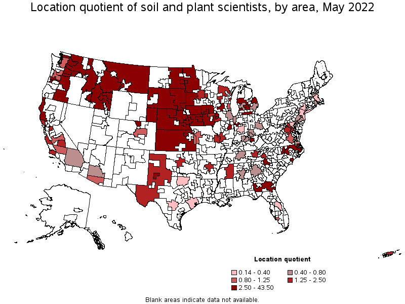 Map of location quotient of soil and plant scientists by area, May 2022