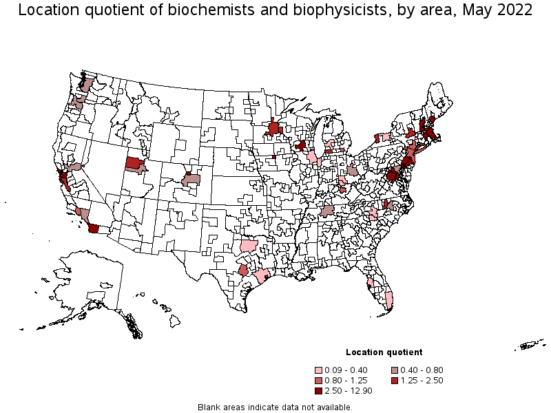 Map of location quotient of biochemists and biophysicists by area, May 2022