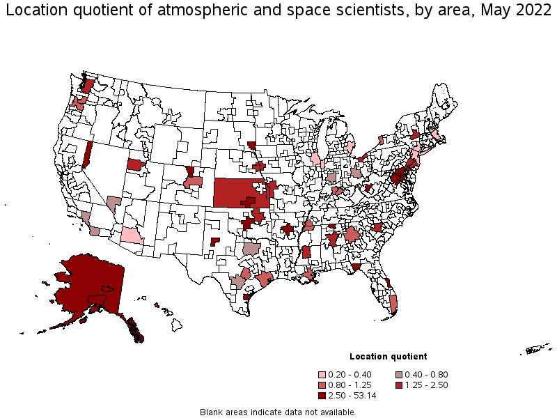 Map of location quotient of atmospheric and space scientists by area, May 2022