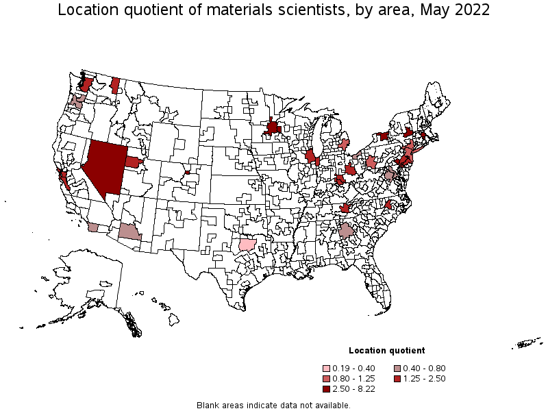 Map of location quotient of materials scientists by area, May 2022