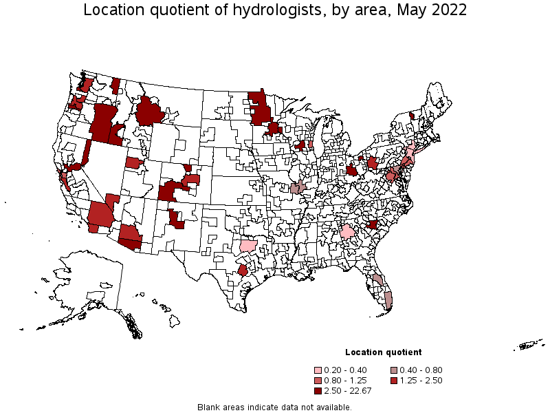 Map of location quotient of hydrologists by area, May 2022