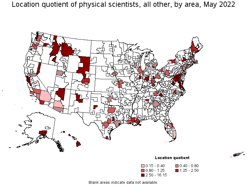 Map of location quotient of physical scientists, all other by area, May 2022