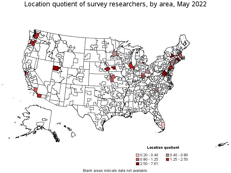 Map of location quotient of survey researchers by area, May 2022