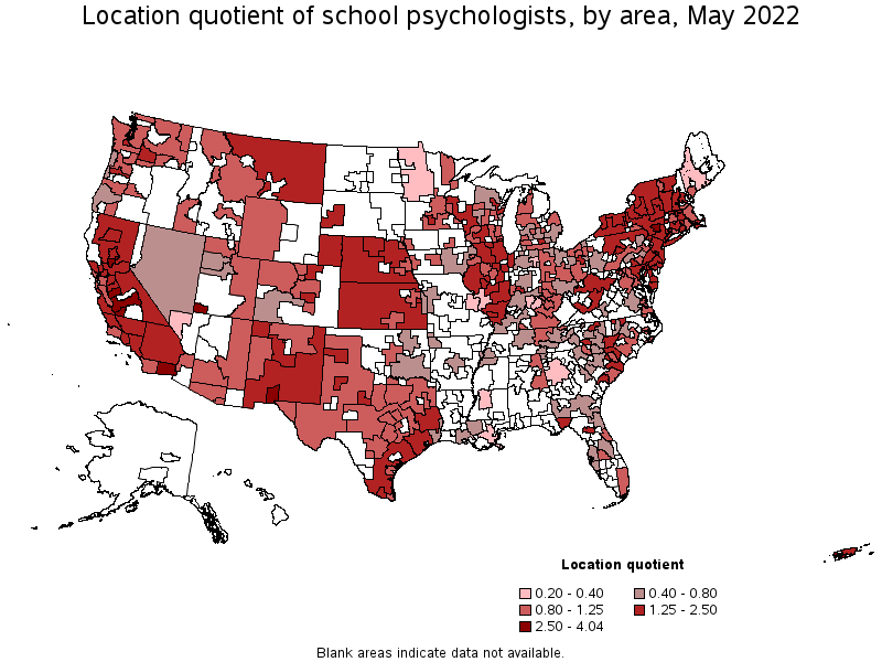 Map of location quotient of school psychologists by area, May 2022