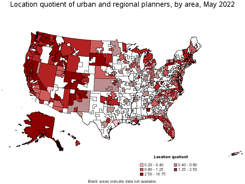 Map of location quotient of urban and regional planners by area, May 2022