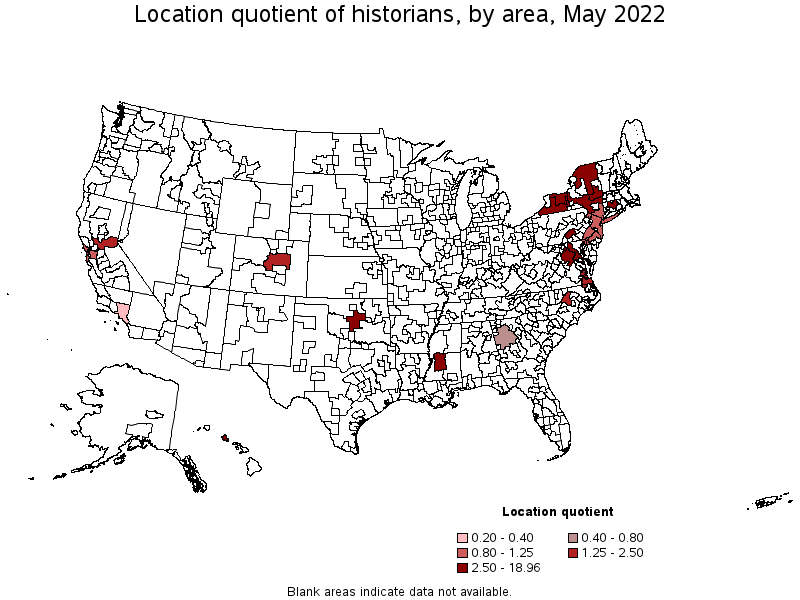 Map of location quotient of historians by area, May 2022
