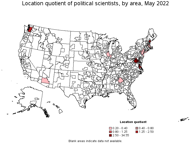 Map of location quotient of political scientists by area, May 2022