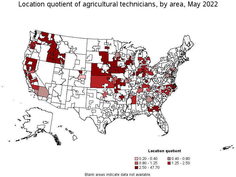 Map of location quotient of agricultural technicians by area, May 2022